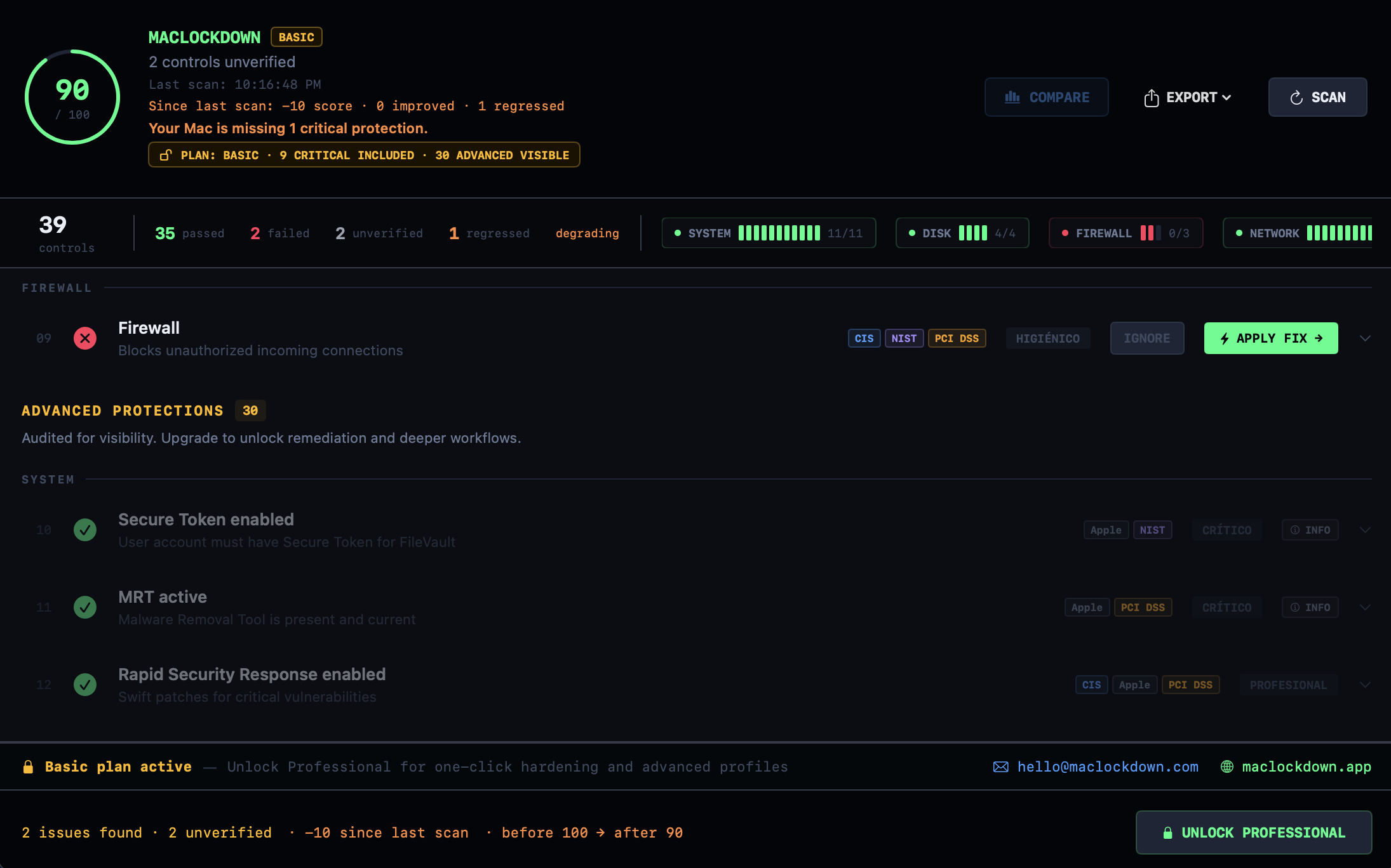 MacLockdown — Firewall failed, Apply Fix visible