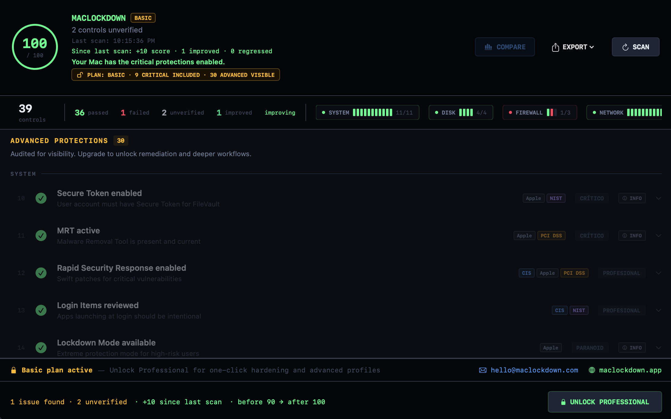 MacLockdown — 30 Advanced Protections visible
